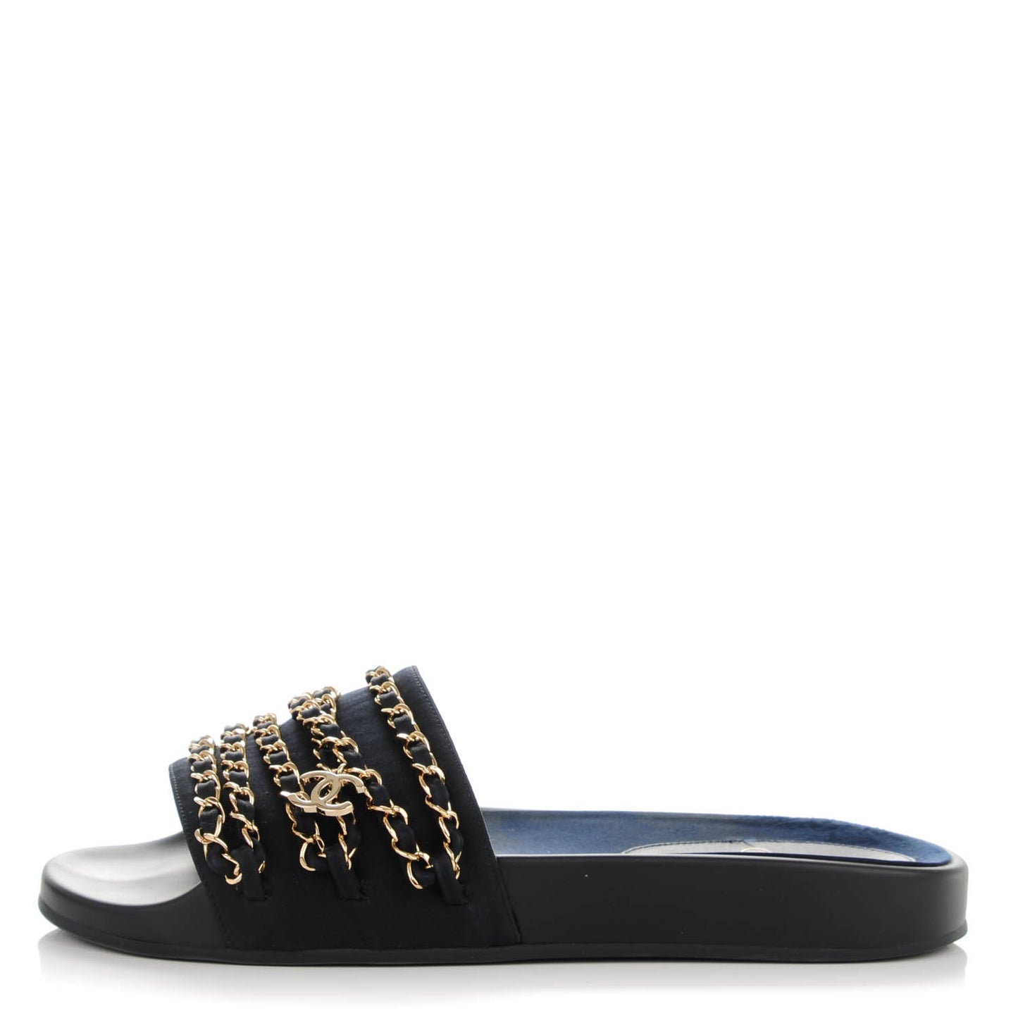 Lambskin Canvas Chain Flat Sandals 40 Navy