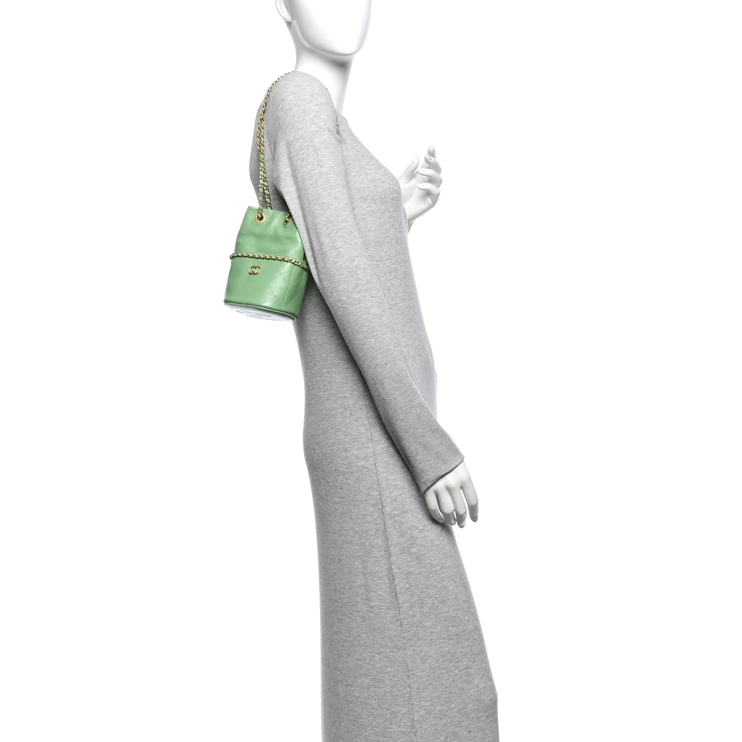 Chanel Shiny Lambskin Quilted Chain Around Drawstring Bucket Clutch With Chain Green 2 of 10