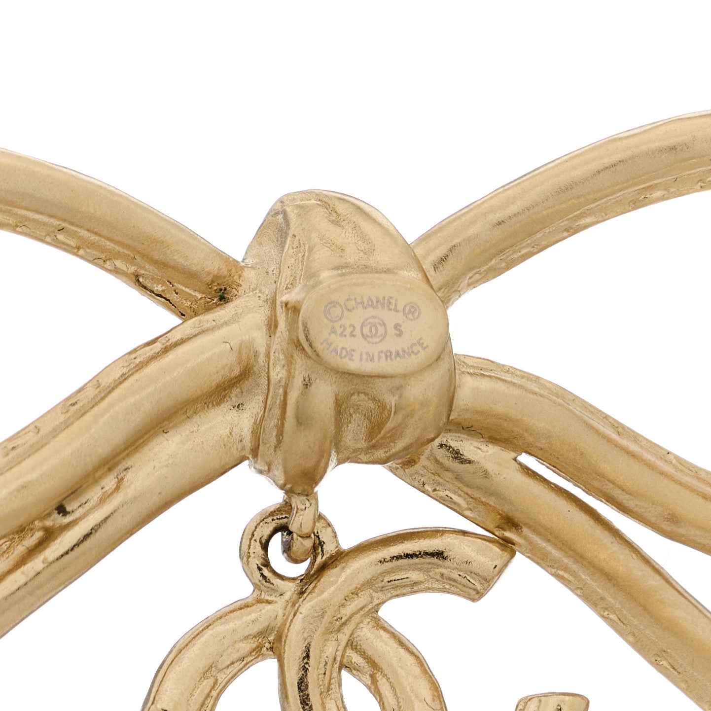 Pearl Crystal CC Bow Drop Brooch Gold