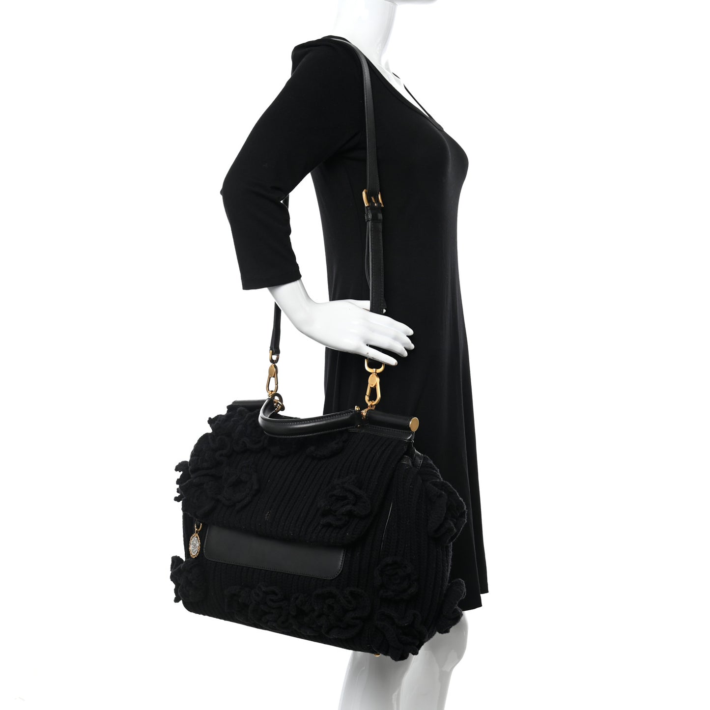 Calfskin Floral Knit Miss Sicily Satchel Black