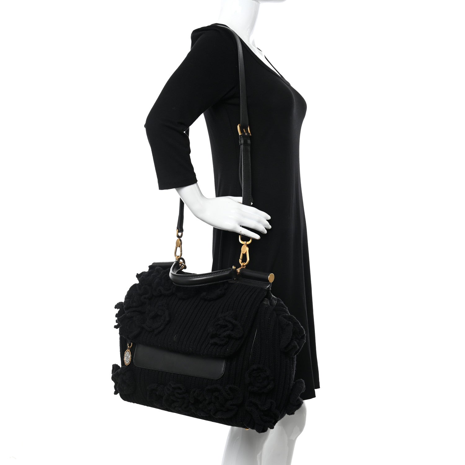 Dolce & Gabbana Calfskin Floral Knit Miss Sicily Satchel Black 2 of 12