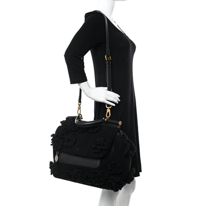 Dolce & Gabbana Calfskin Floral Knit Miss Sicily Satchel Black 2 of 12