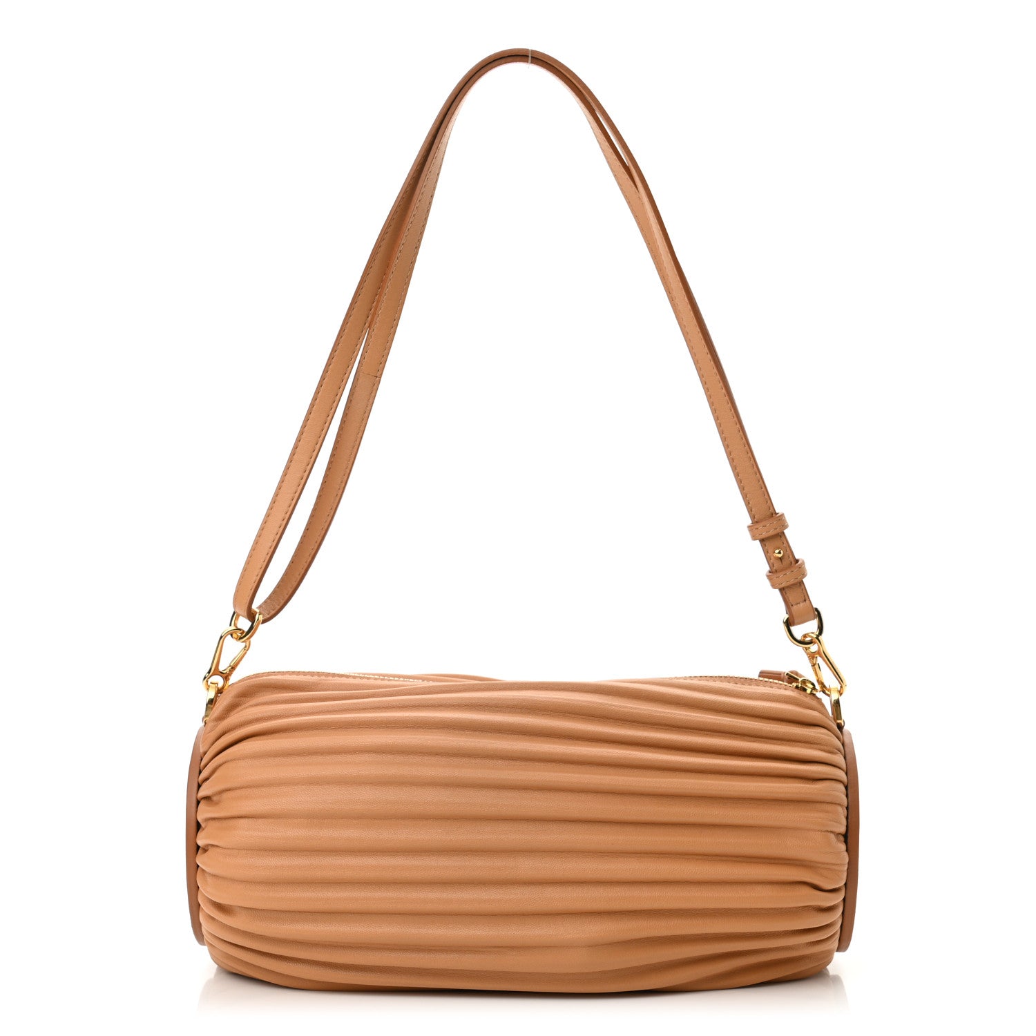 front view image of a LOEWE Lambskin Pleated Bracelet Pouch Shoulder Bag in the color Warm Desert by FASHIONPHILE