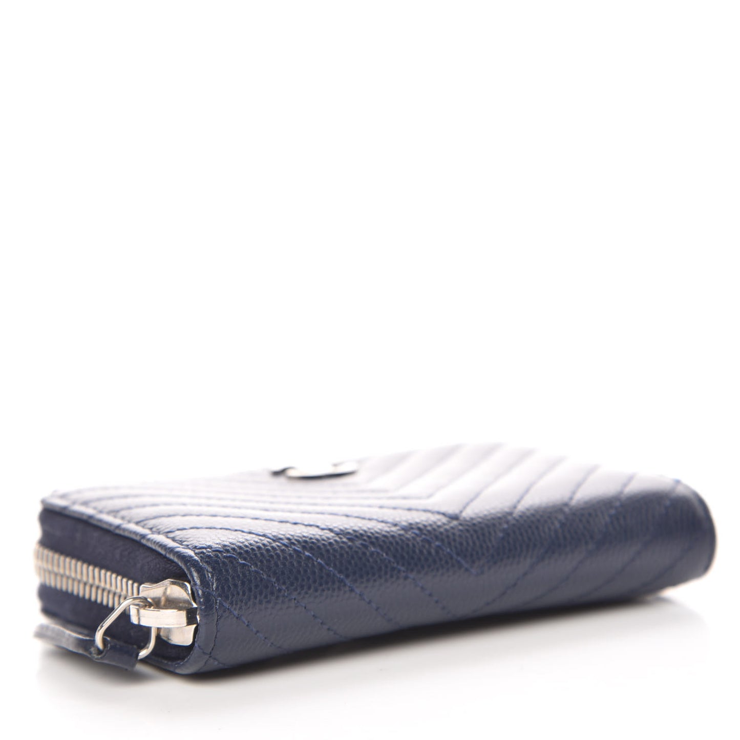 Caviar Chevron Quilted Zip Around Coin Purse Navy Blue