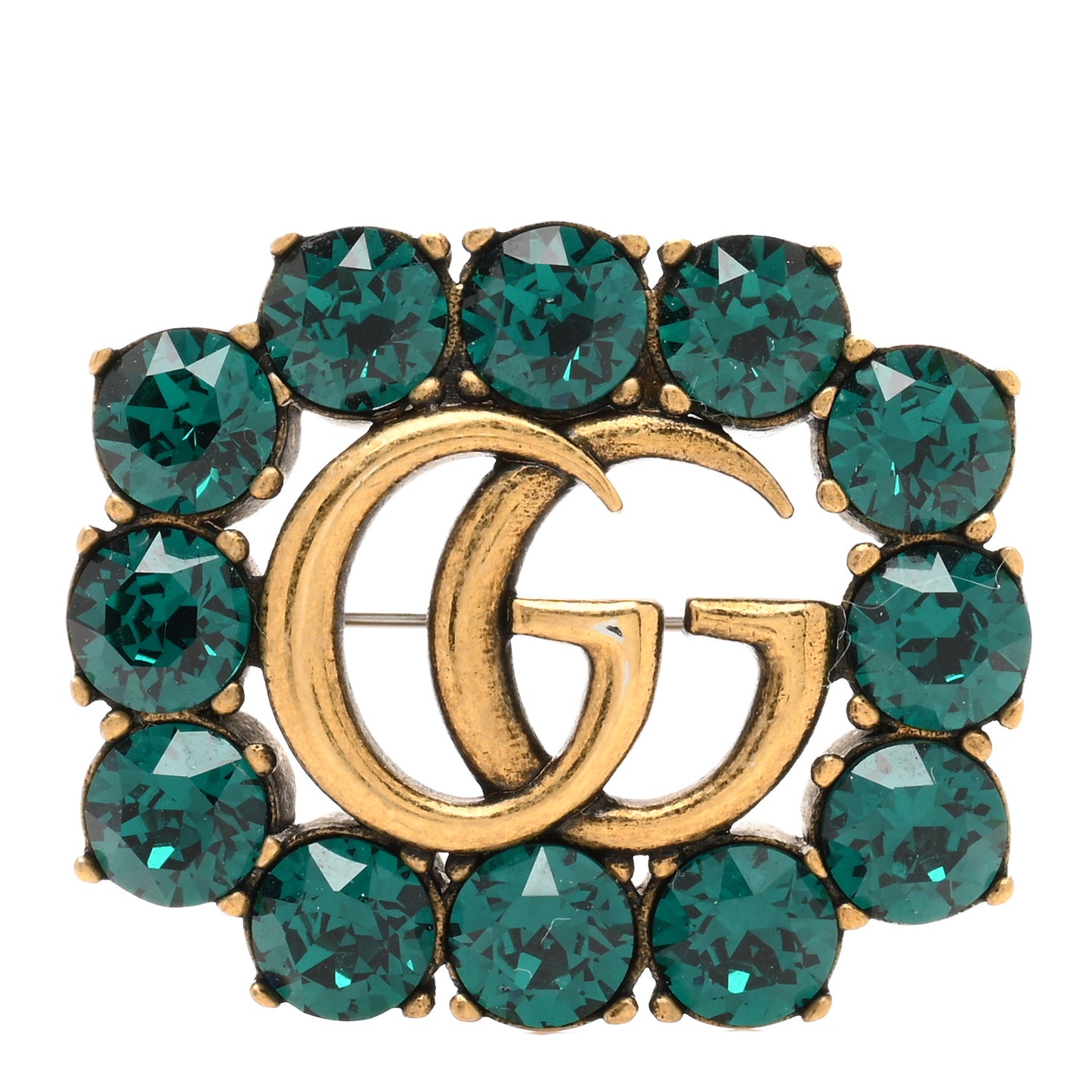 Metal Crystal Double G Brooch Aged Gold Green