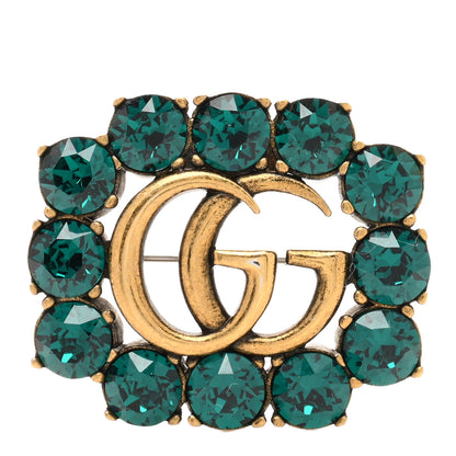 Gucci Metal Crystal Double G Brooch Aged Gold Green 1 of 5