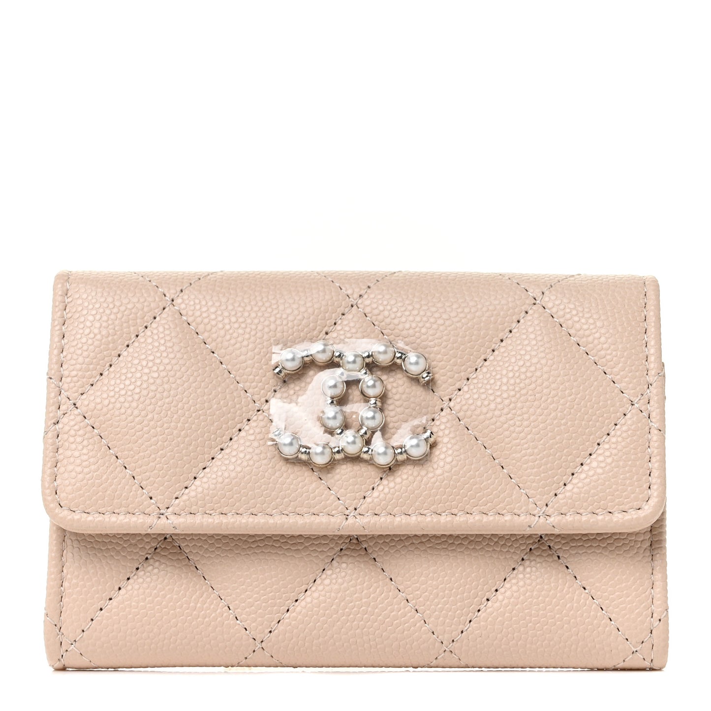 Caviar Pearl Quilted Coco Candy Flap Card Holder Beige