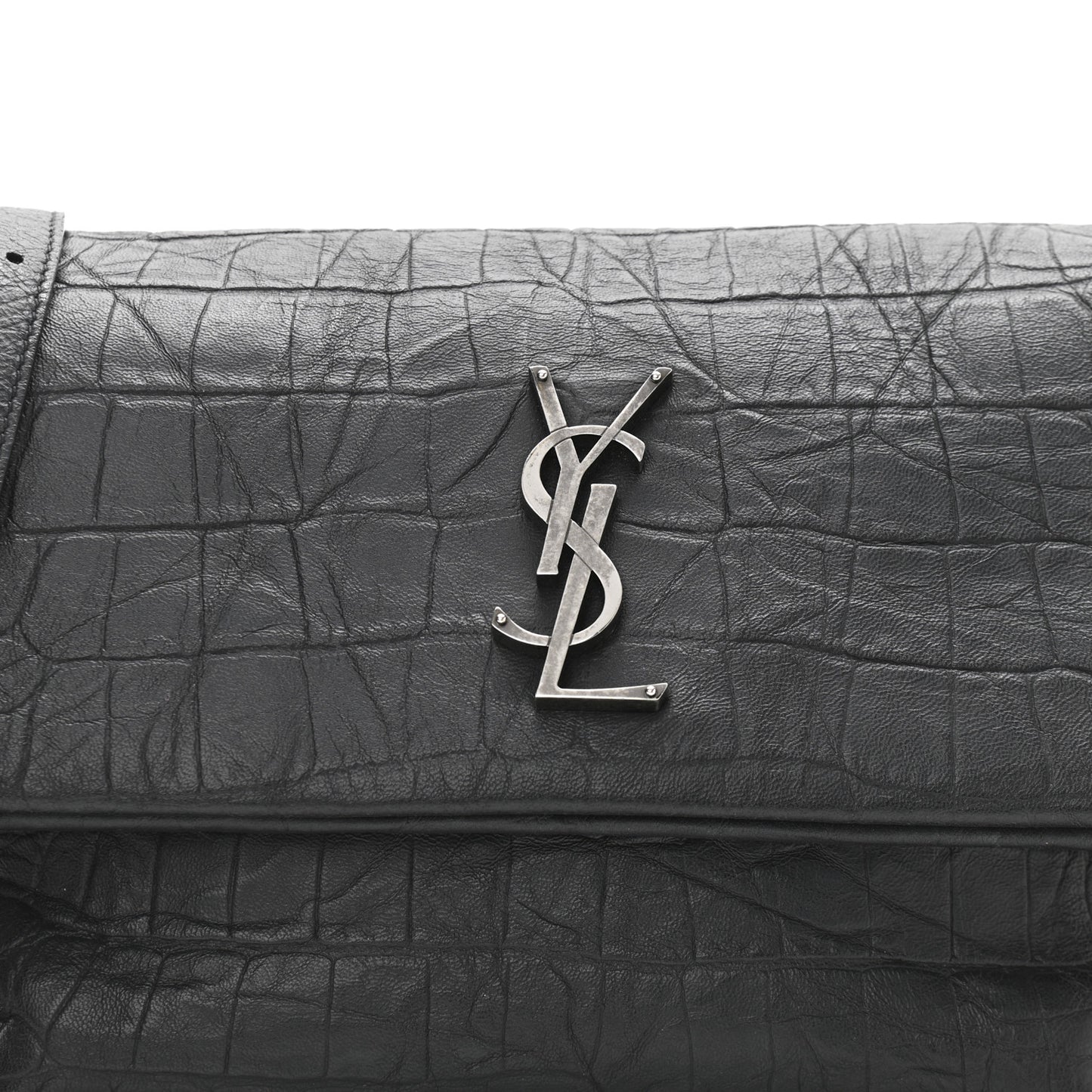 Calfskin Crocodile Embossed Medium West Hollywood Monogram Fold-Over Black
