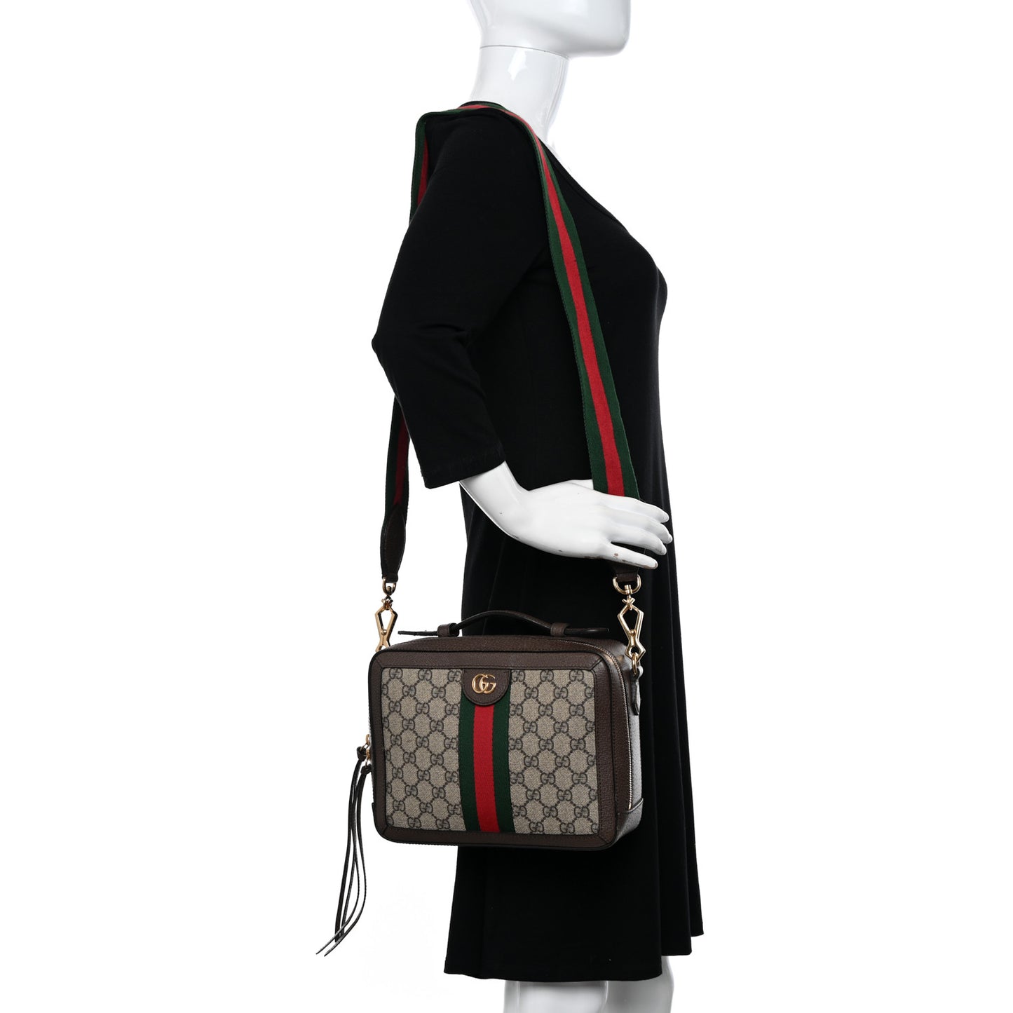 GG Supreme Monogram Web Small Ophidia Top Handle Shoulder Bag Brown