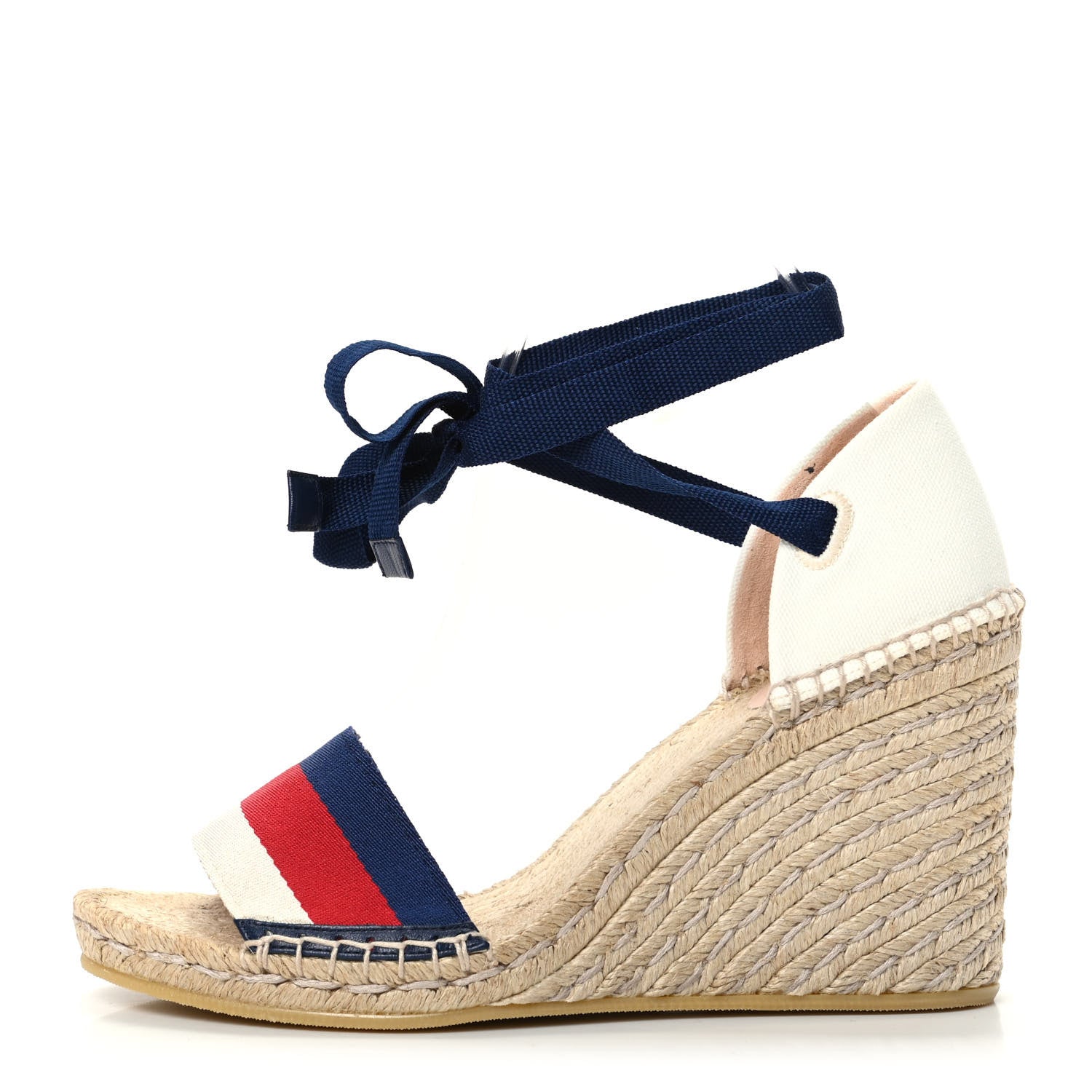 Gucci Canvas Sylvie Web Ankle Wrap Espadrille Wedge Sandals 40 Mystic White Hibiscus Red Maritime 1 of 8