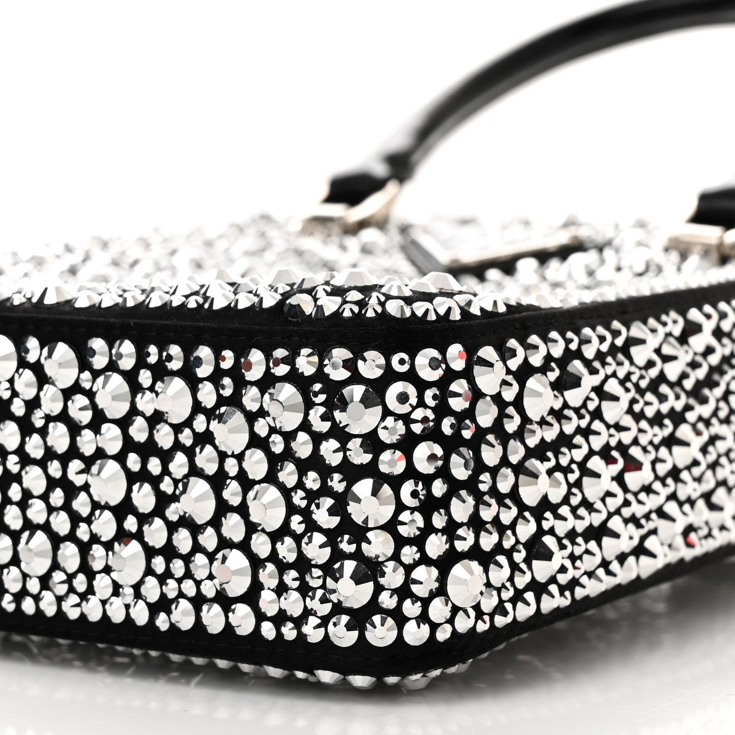 Satin Crystal Metal Triangle Logo Small Double Handle Crossbody Tote Metal