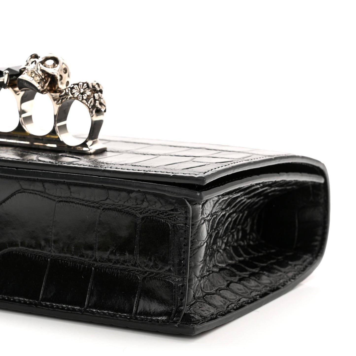 Shiny Crocodile Embossed Jeweled Satchel Black