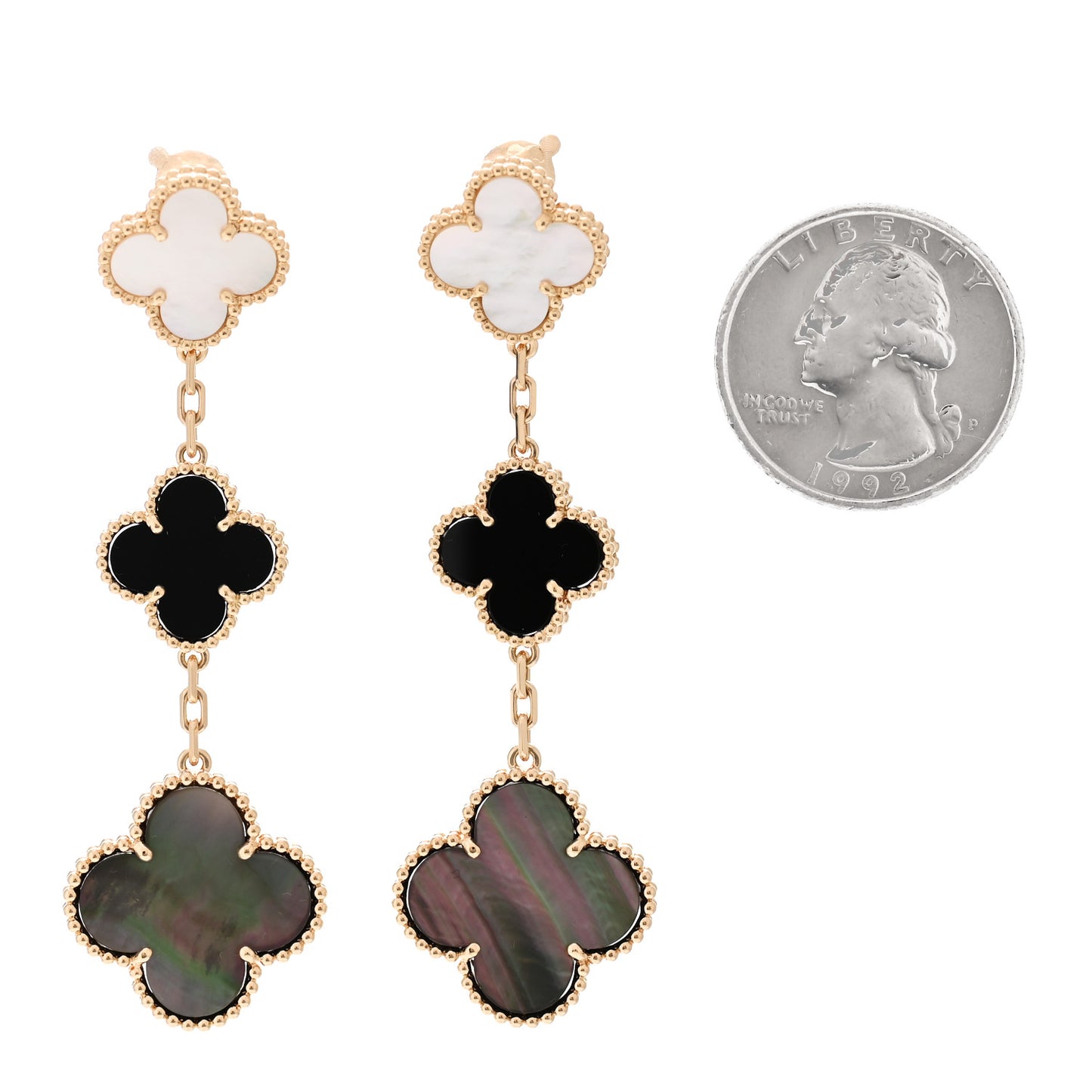 18K Yellow Gold Mother of Pearl Black Onyx 3 Motifs Magic Alhambra Earrings