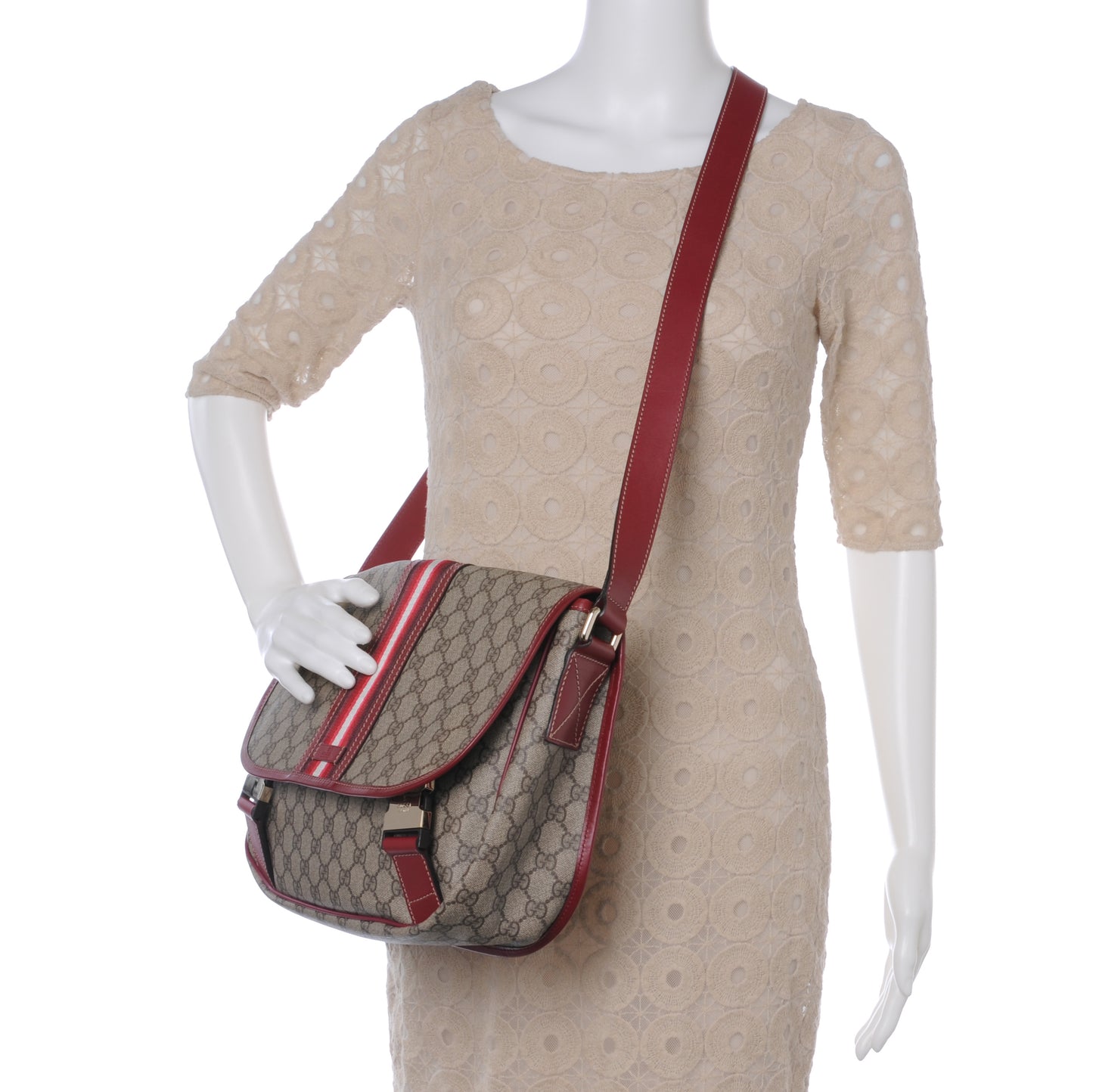 GG Plus Monogram Medium Double Buckle Flap Messenger Bag Beige Red