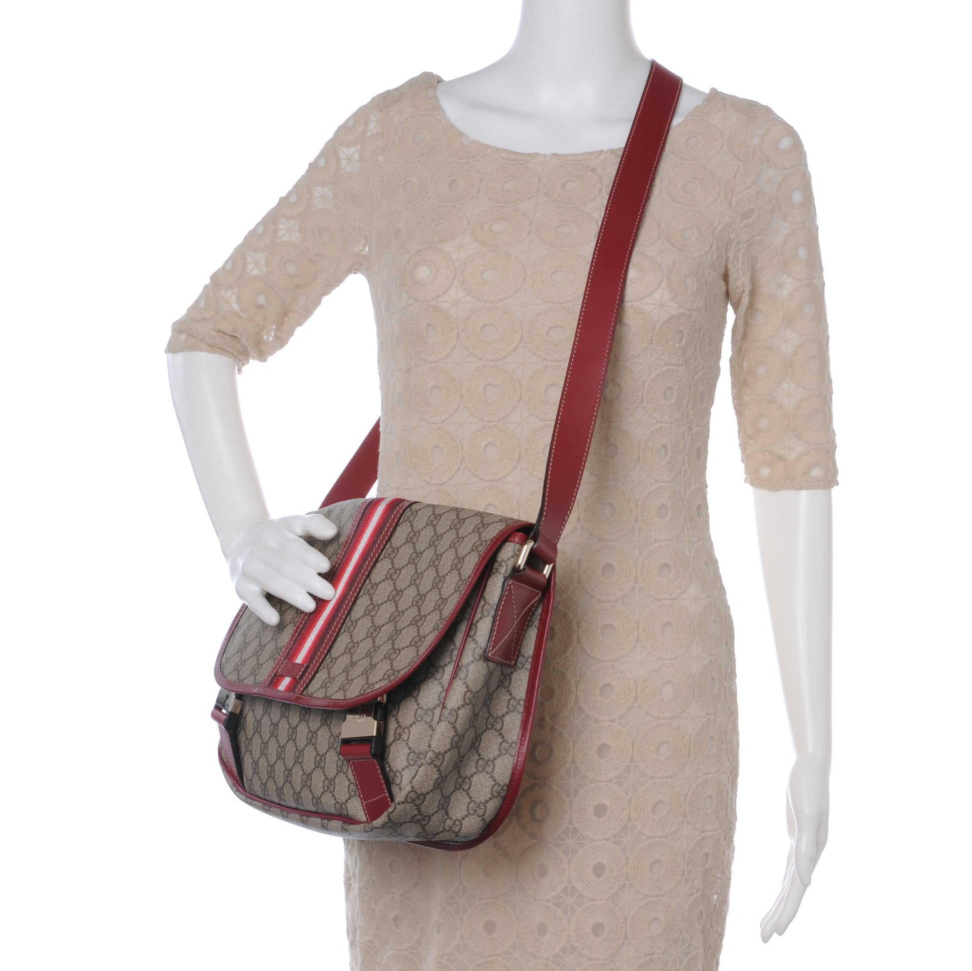 Gucci GG Plus Monogram Medium Double Buckle Flap Messenger Bag Beige Red 2 of 8