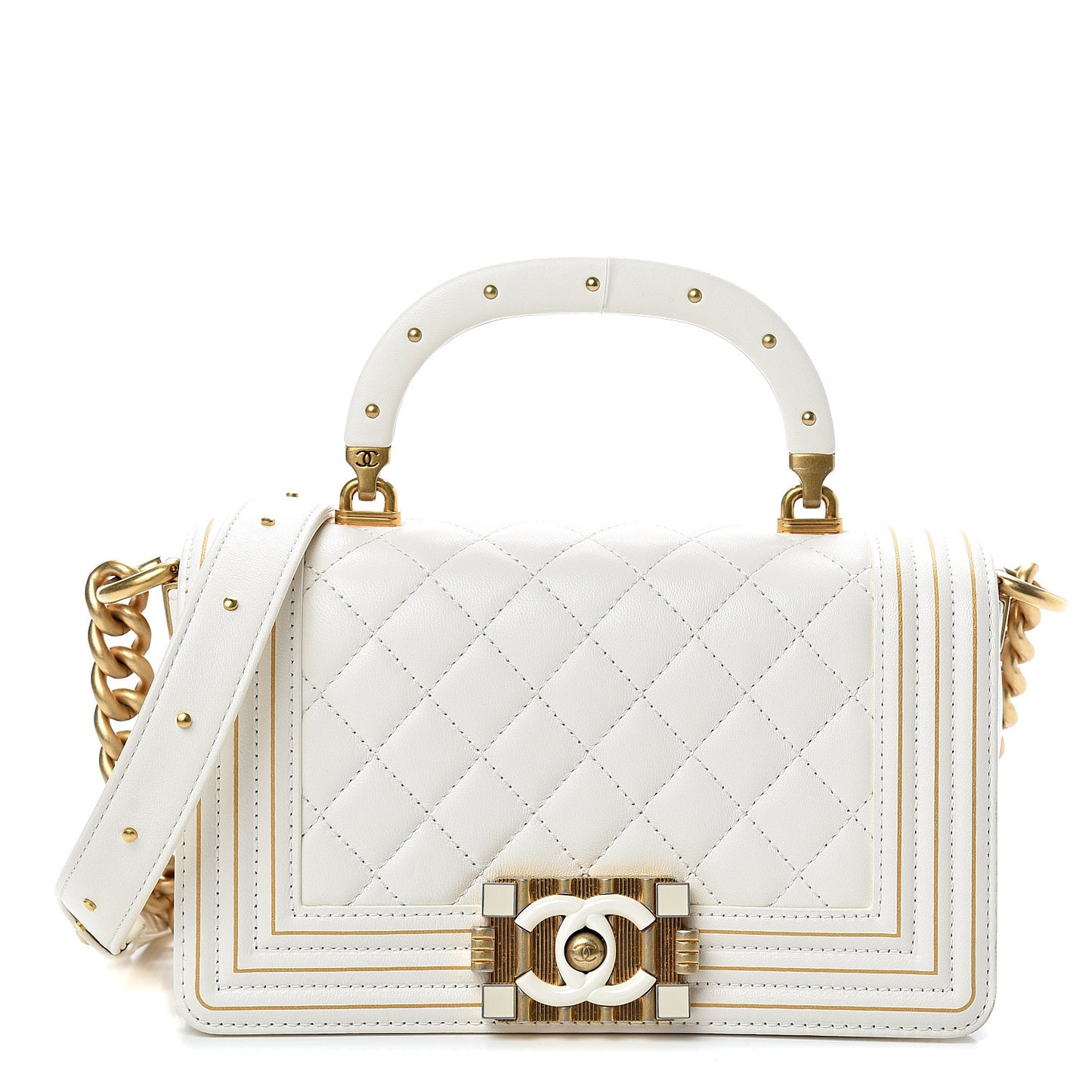 Lambskin Quilted Small Boy Studded Handle Flap White