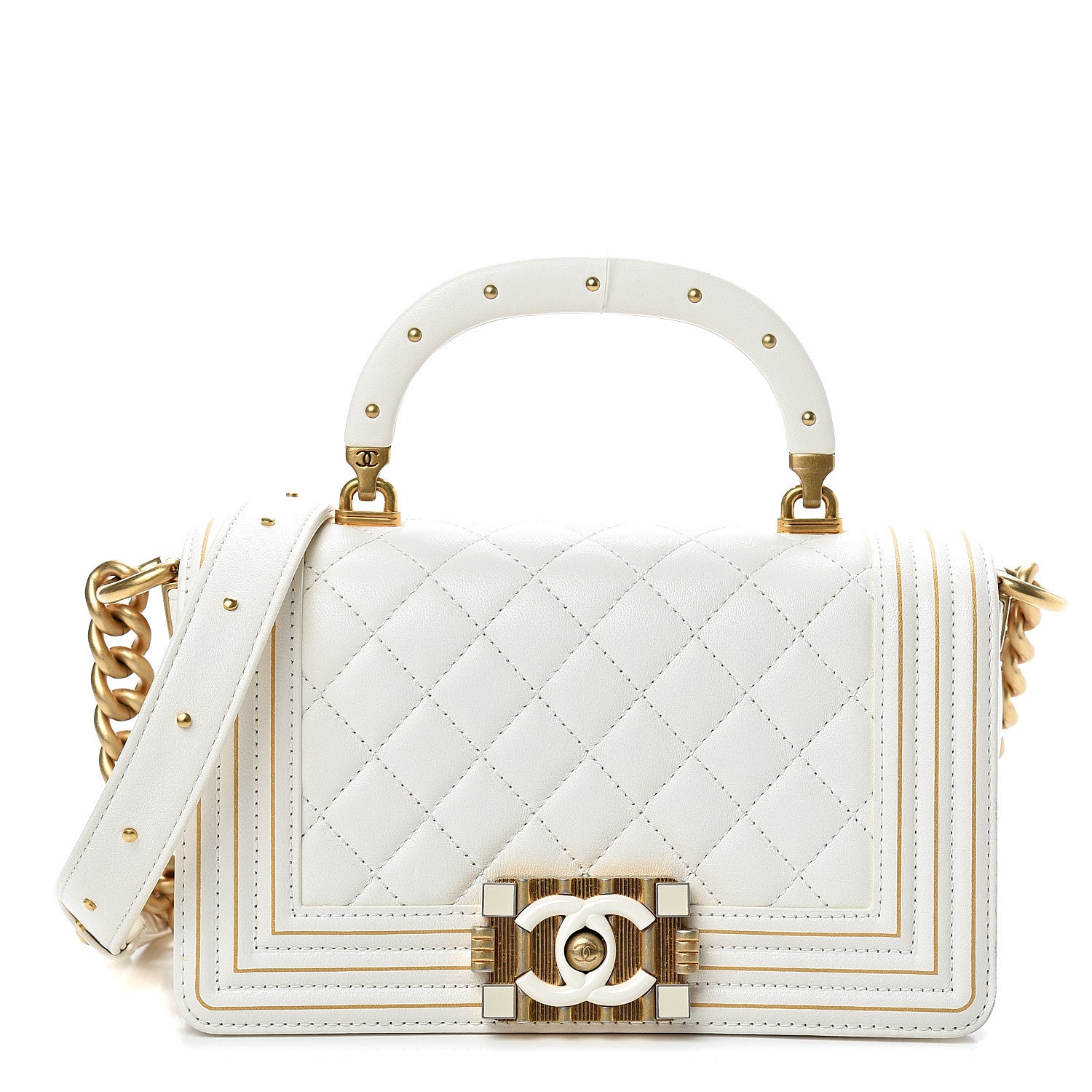 Chanel Lambskin Quilted Small Boy Studded Handle Flap White 1 of 15