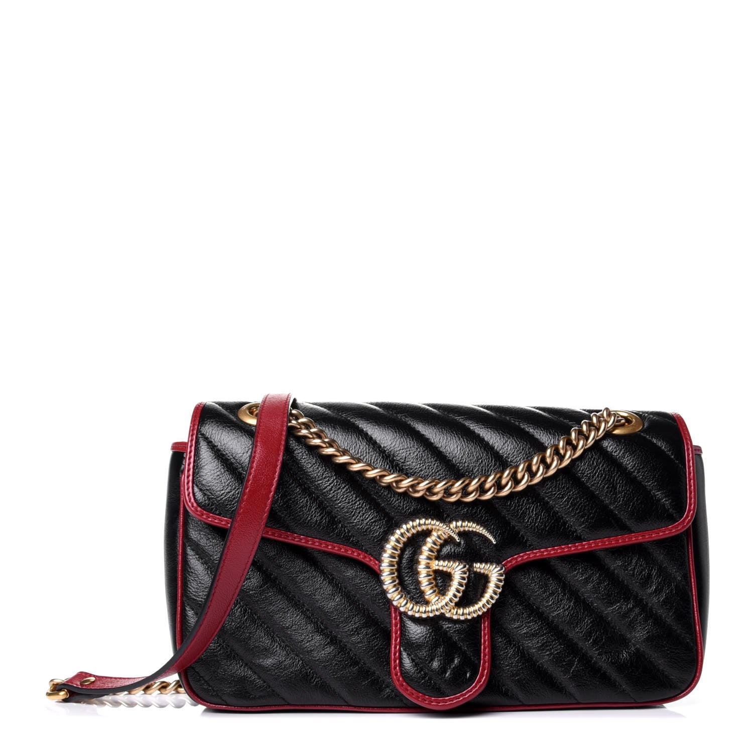 Gucci Vintage Effect Calfskin Matelasse Diagonal Small Torchon GG Marmont Shoulder Bag Black Romantic Cherry 1 of 8