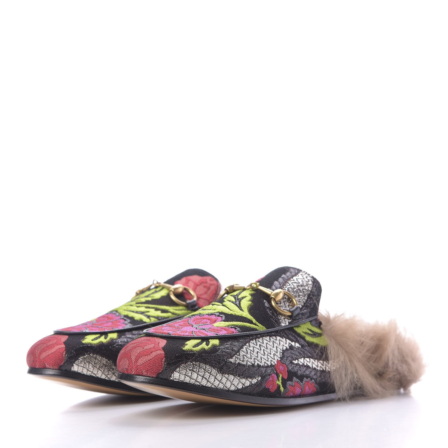 Gucci Brocade Fur Floral Womens Princetown Slippers 36 Black Anthracite 3 of 10