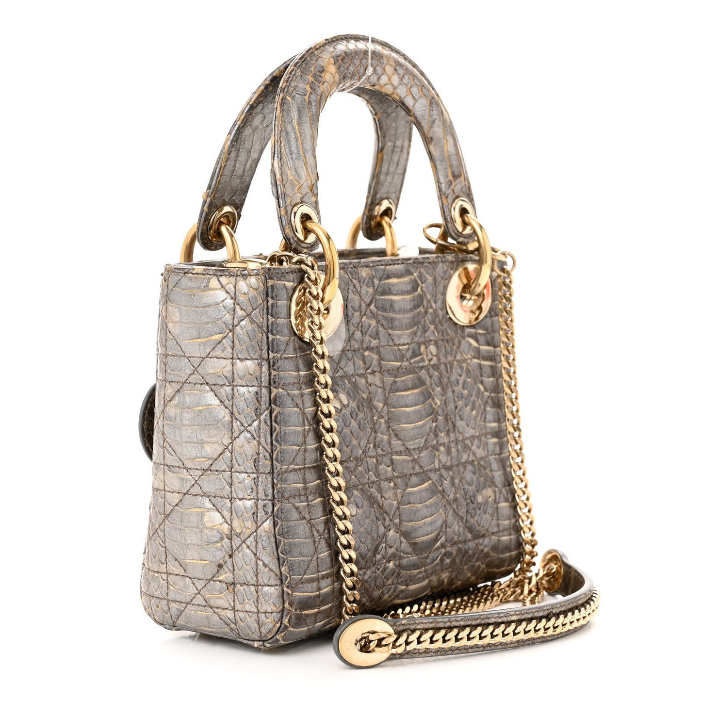 Metallic Snakeskin Cannage Mini Lady Dior Silver