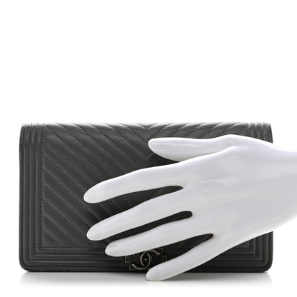 Chanel Calfskin Chevron Quilted Boy Yen Wallet Grey 2 of 11