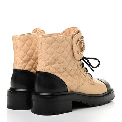 Chanel Lambskin Calfskin Quilted Lace Up Combat Boots 39 Beige Black 4 of 7