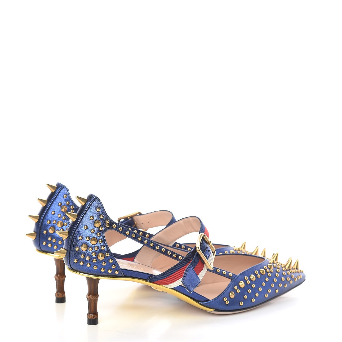 Metallic Nappa Silk Grosgrain Studded Sylvie Web Bamboo Low Heel Pumps 39.5 Sapphire