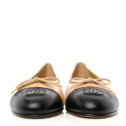 Chanel Lambskin Cap Toe CC Ballerina Flats 38 Beige Black 2 of 9