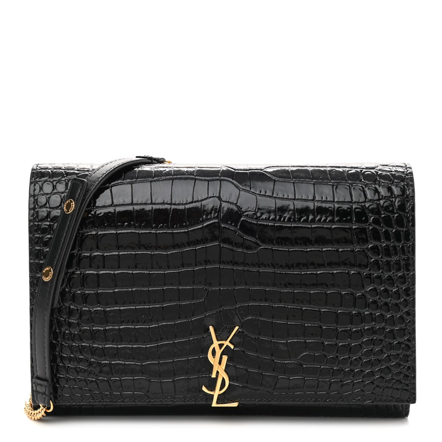Calfskin Crocodile Embossed Monogram Chain Wallet Black