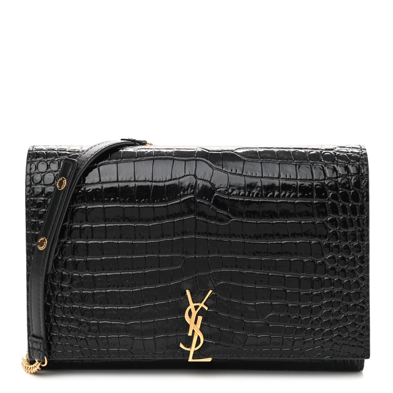 Saint Laurent Calfskin Crocodile Embossed Monogram Chain Wallet Black 1 of 9
