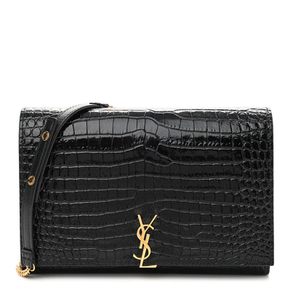 Saint Laurent Calfskin Crocodile Embossed Monogram Chain Wallet Black 1 of 9