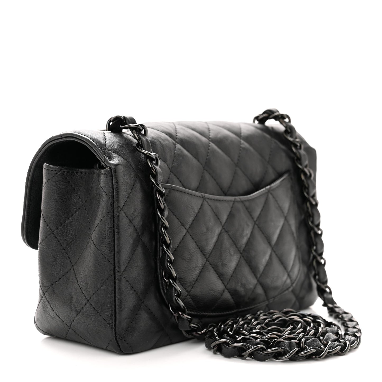 Crumpled Calfskin Quilted Mini Rectangular Flap So Black