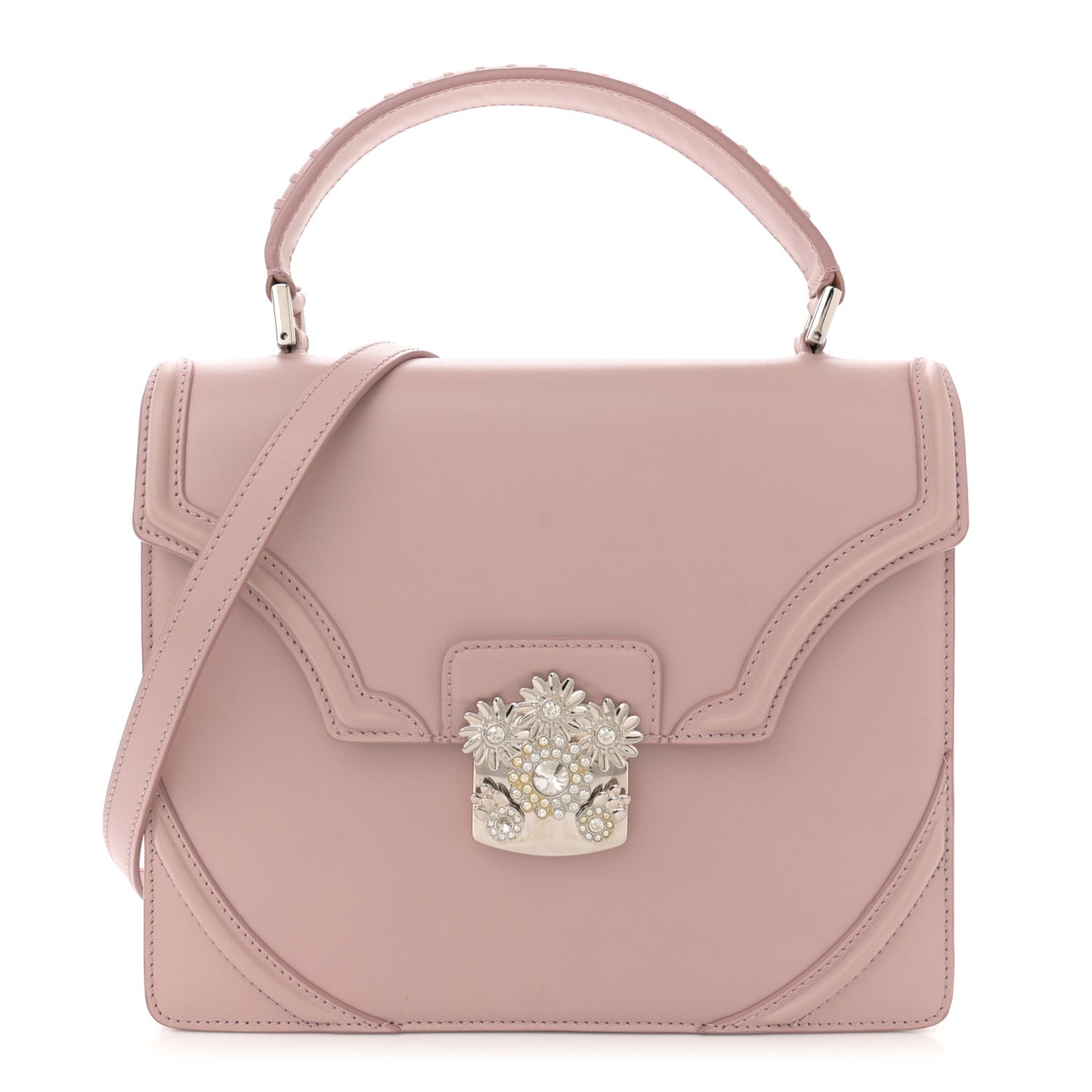 Calfskin Crystal Chain Flower Satchel Pink