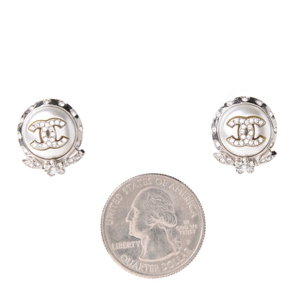 Chanel Pearl Crystal CC Round Earrings Silver 2 of 5
