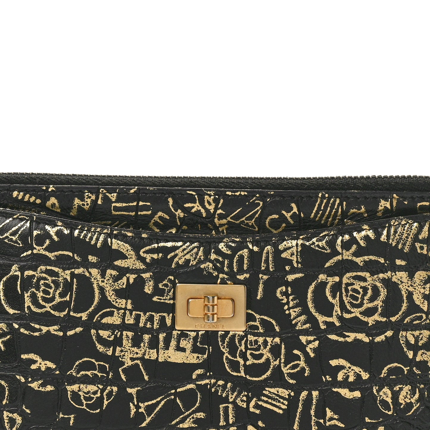 Calfskin Crocodile Embossed Graffiti 2.55 Cocodile Reissue Zip Pouch Black Gold