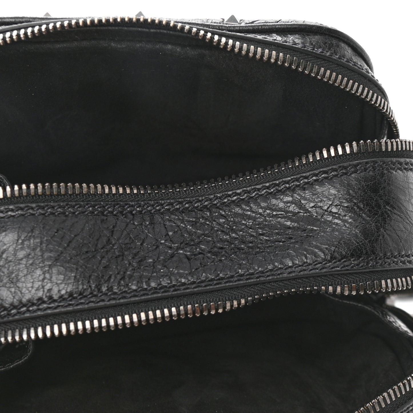 Craquele Nappa Rockstud Spike Double Zip Camera Crossbody Bag Black