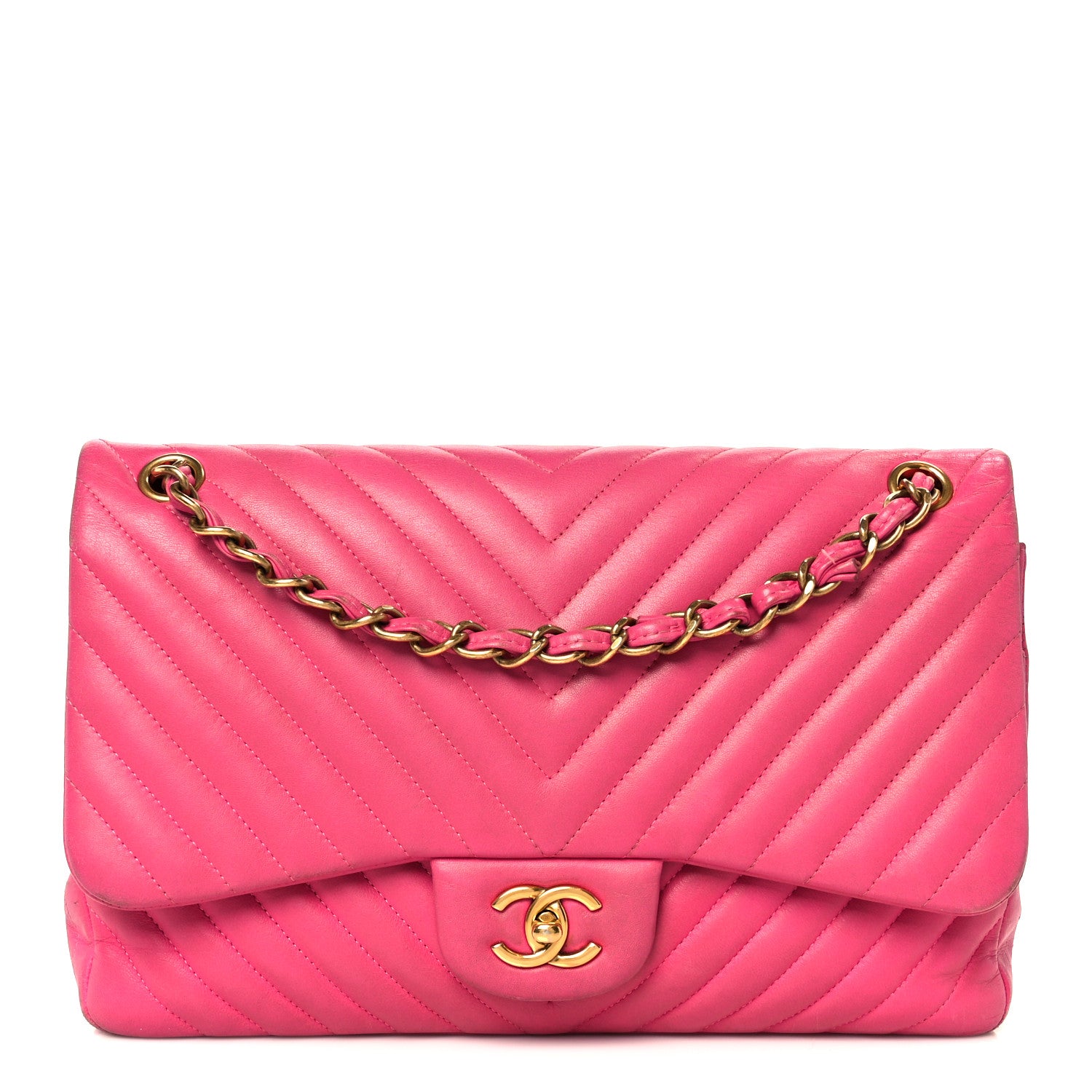 Chanel Lambskin Chevron Quilted Jumbo Double Flap Dark Pink 1 of 13