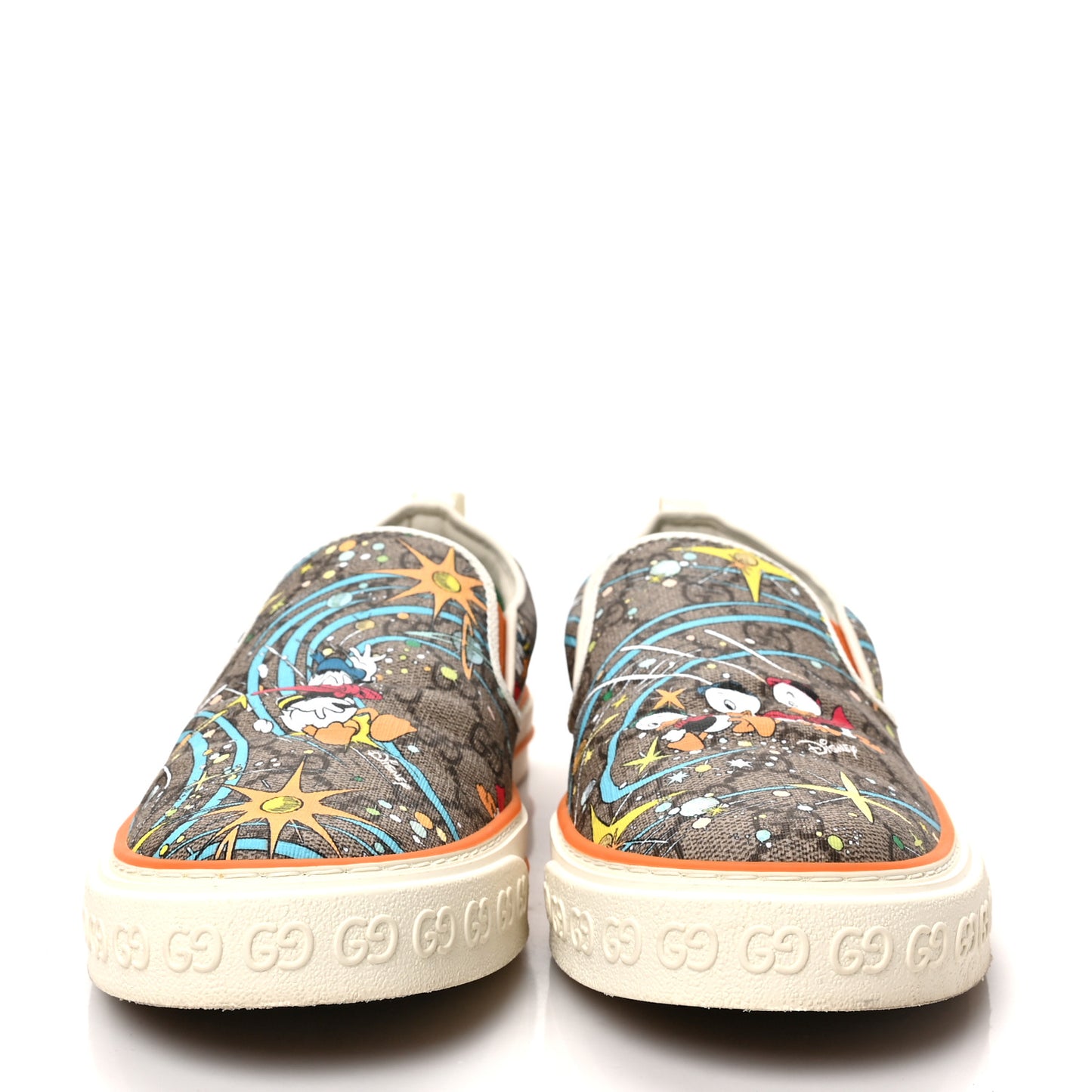 X DISNEY GG Supreme Monogram Donald Duck Mens 1977 Tennis Slip On Sneakers 9 Beige Ebony Mystic White Deep Orange