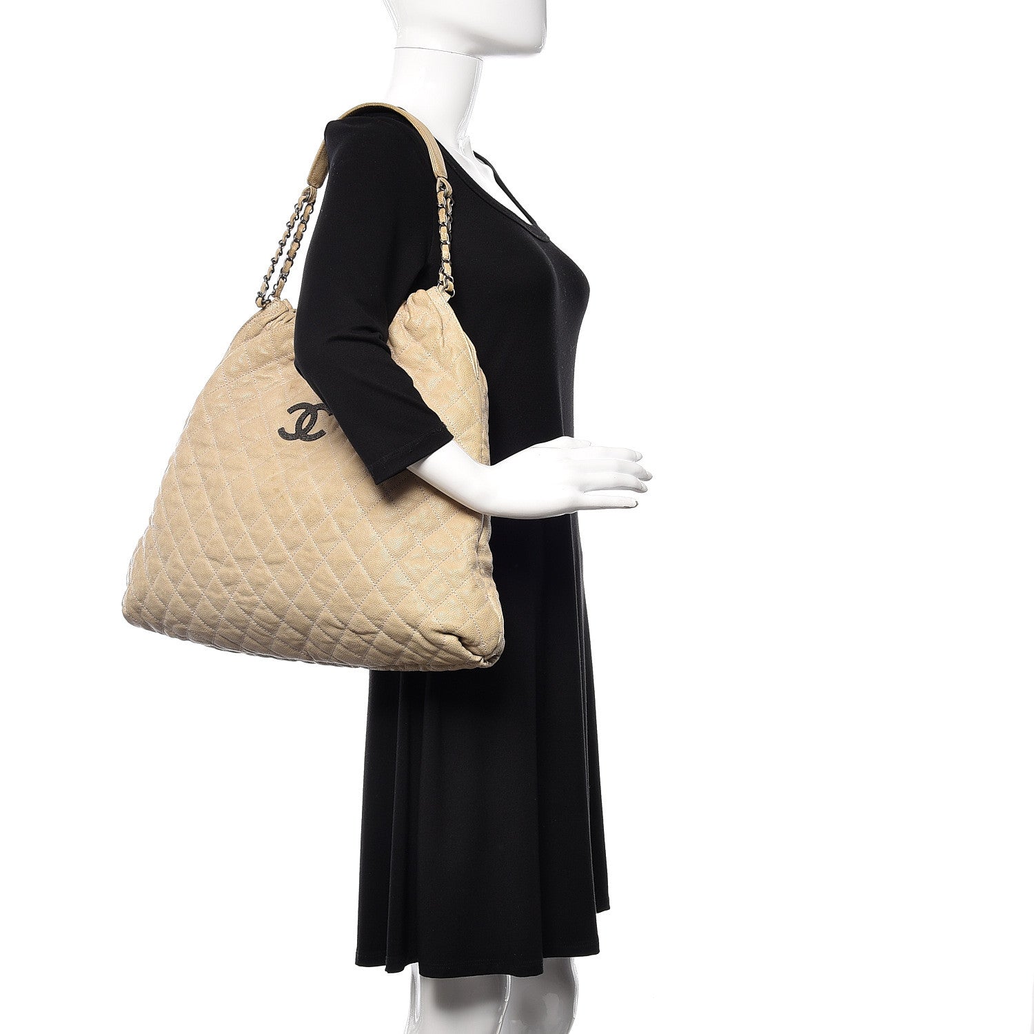 Chanel Distressed Glazed Caviar Quilted Large Elastic Tote Beige 2 of 14