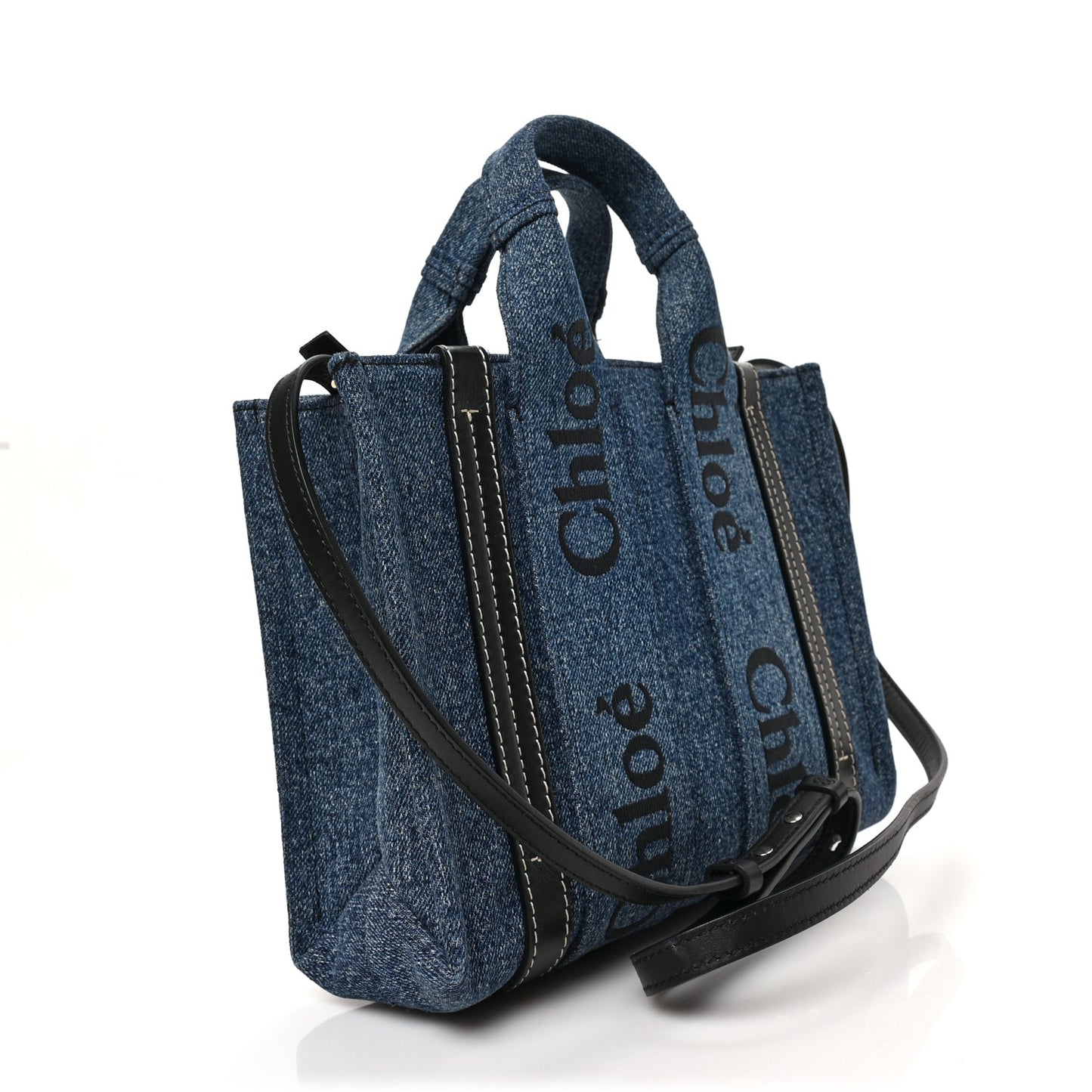 Denim Calfskin Small Woody Ribbon Tote With Strap Blue