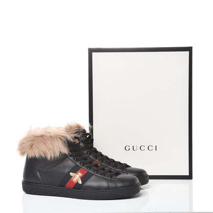 Gucci Calfskin Wool Web Bee Embroidered Mens Ace High Top Sneakers 9 Black 9 of 9