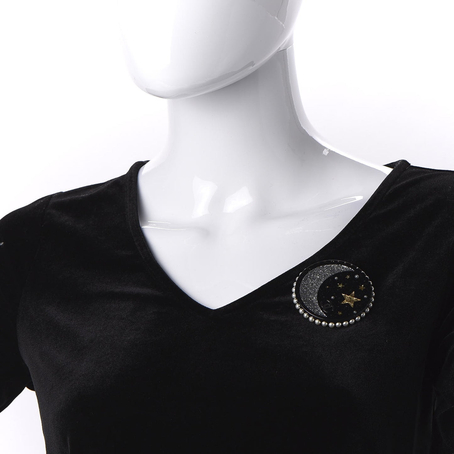 Glittered Resin Crystal Pearl CC Moon Pin Brooch Black Gold Silver