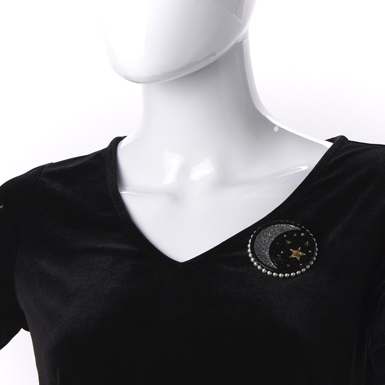 Chanel Glittered Resin Crystal Pearl CC Moon Pin Brooch Black Gold Silver 2 of 5