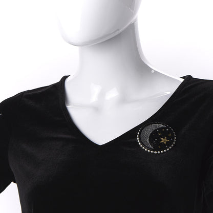 Chanel Glittered Resin Crystal Pearl CC Moon Pin Brooch Black Gold Silver 2 of 5