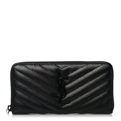 Saint Laurent Grain De Poudre Matelasse Chevron Monogram Monochrome Zip Around Wallet Black 1 of 9