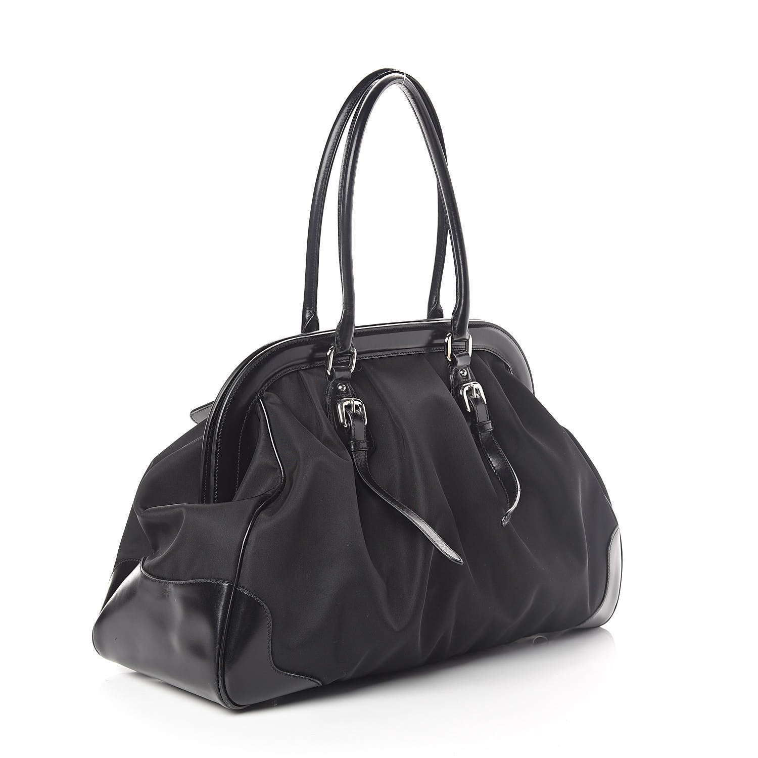 Prada Tessuto Nylon Calfskin Frame Satchel Black 3 of 9