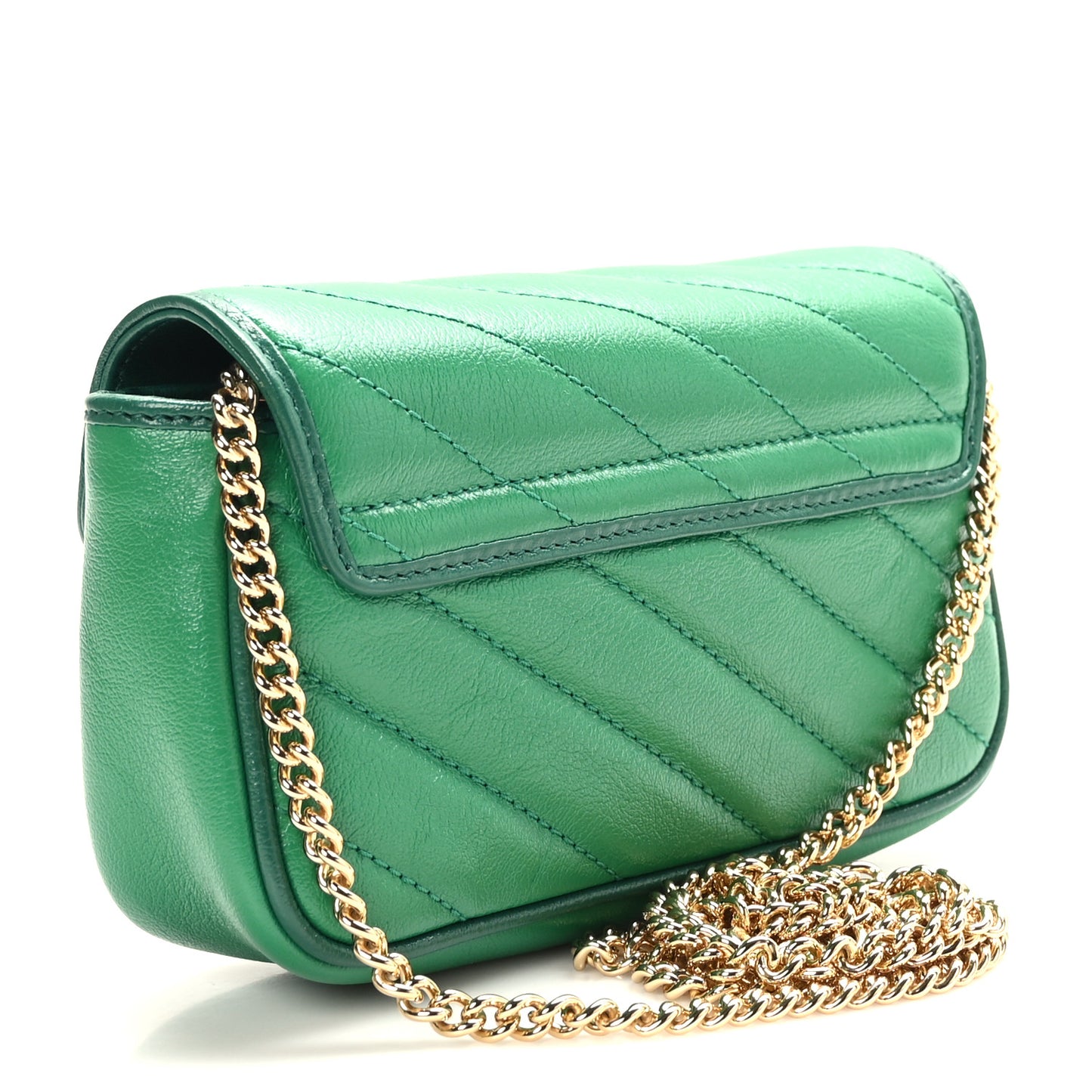 Azalea Calfskin Enamel Matelasse Diagonal Super Mini Torchon GG Marmont Shoulder Bag New Shamarock Emerald