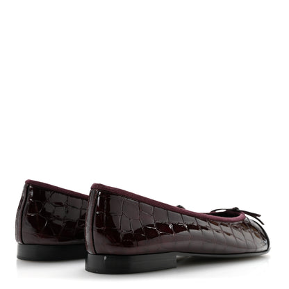 Chanel Crocodile Embossed Patent Cap Toe Ballerina Flats 38.5 Dark Burgundy Black 5 of 10