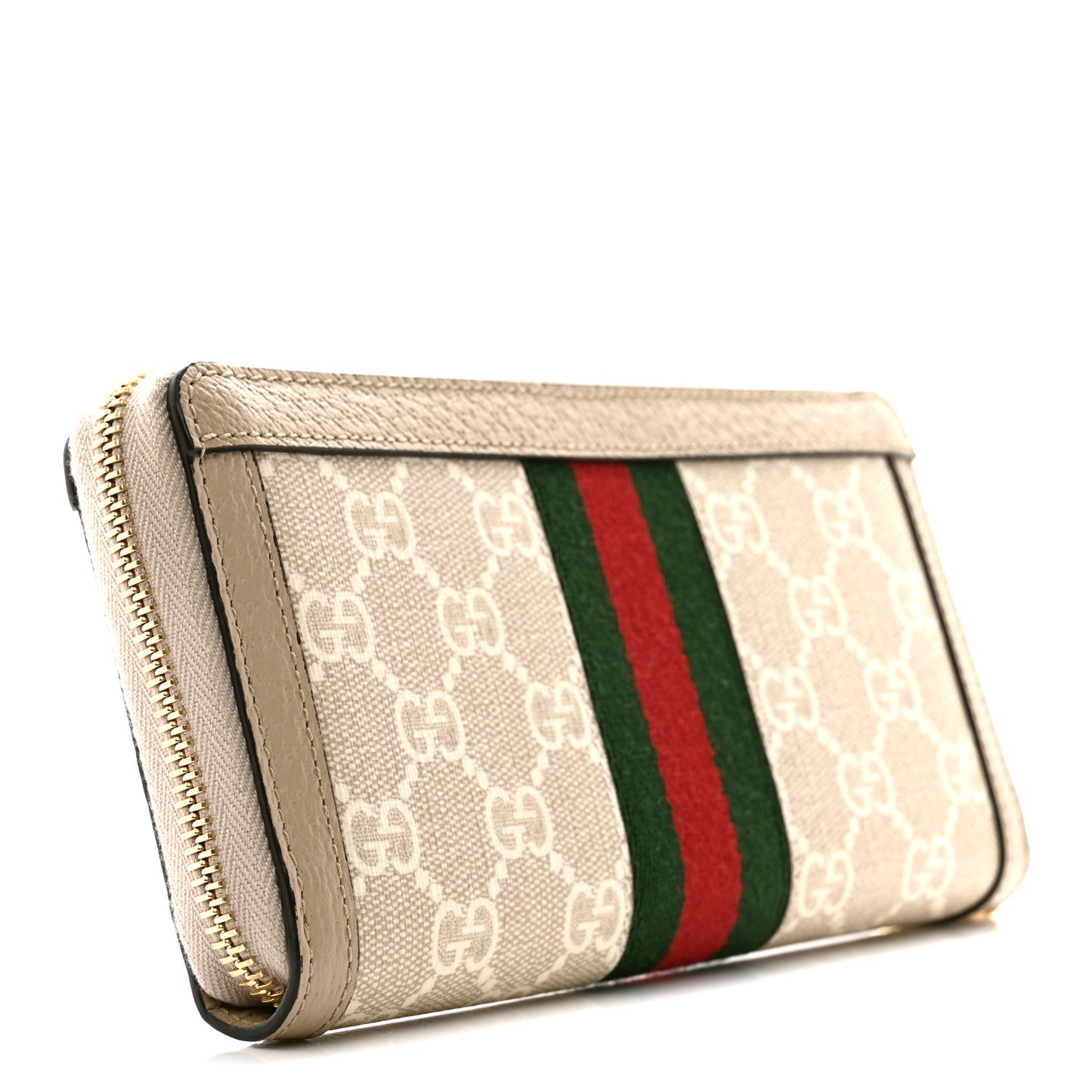 GG Supreme Monogram Textured Dollar Calfskin Web Ophidia Zip Around Wallet Beige Mystic White Oatmeal