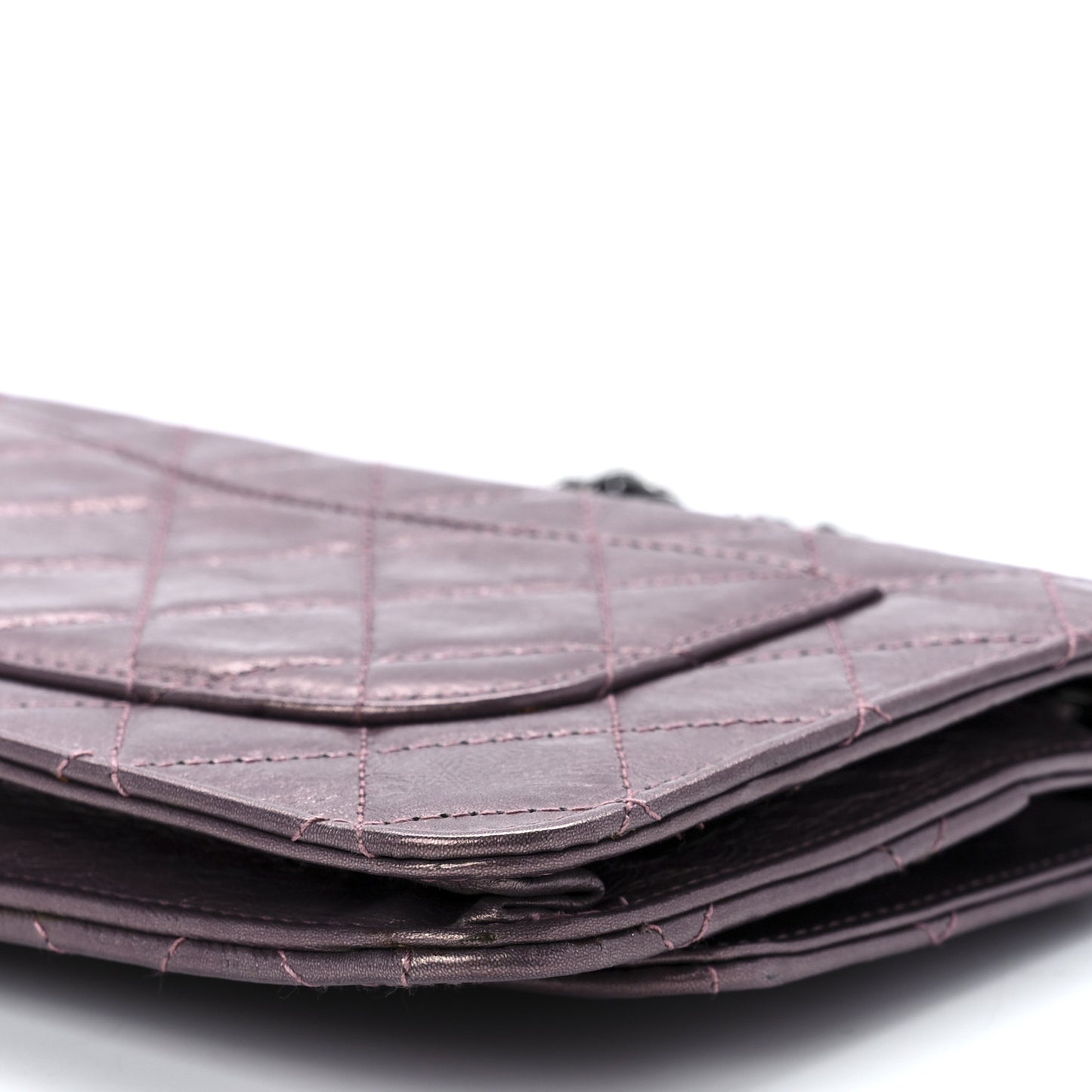 Metallic Aged Calfskin Quilted 2.55 Reissue Wallet on Chain WOC Purple